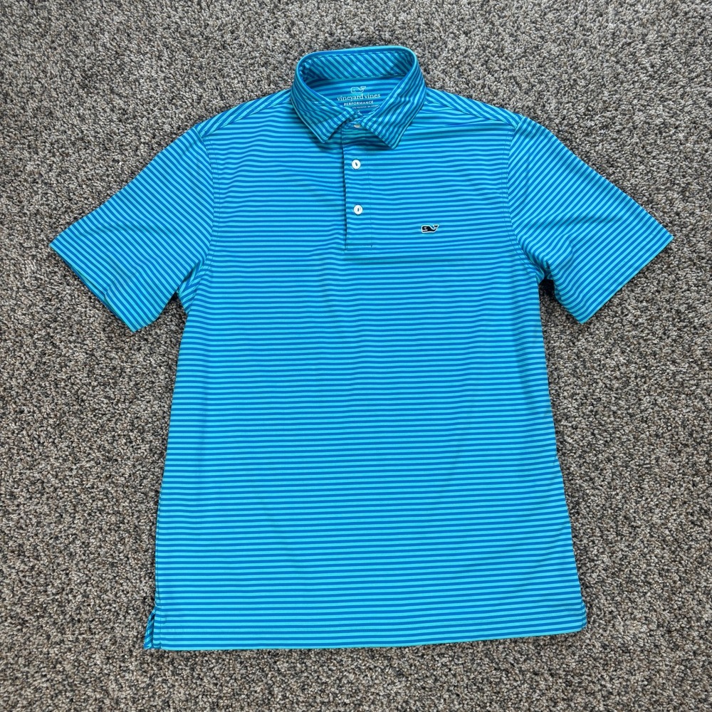 Vineyard Vines Men's Small Performance Polo Shirt Blue Teal Striped Golf Top - Picture 2 of 7